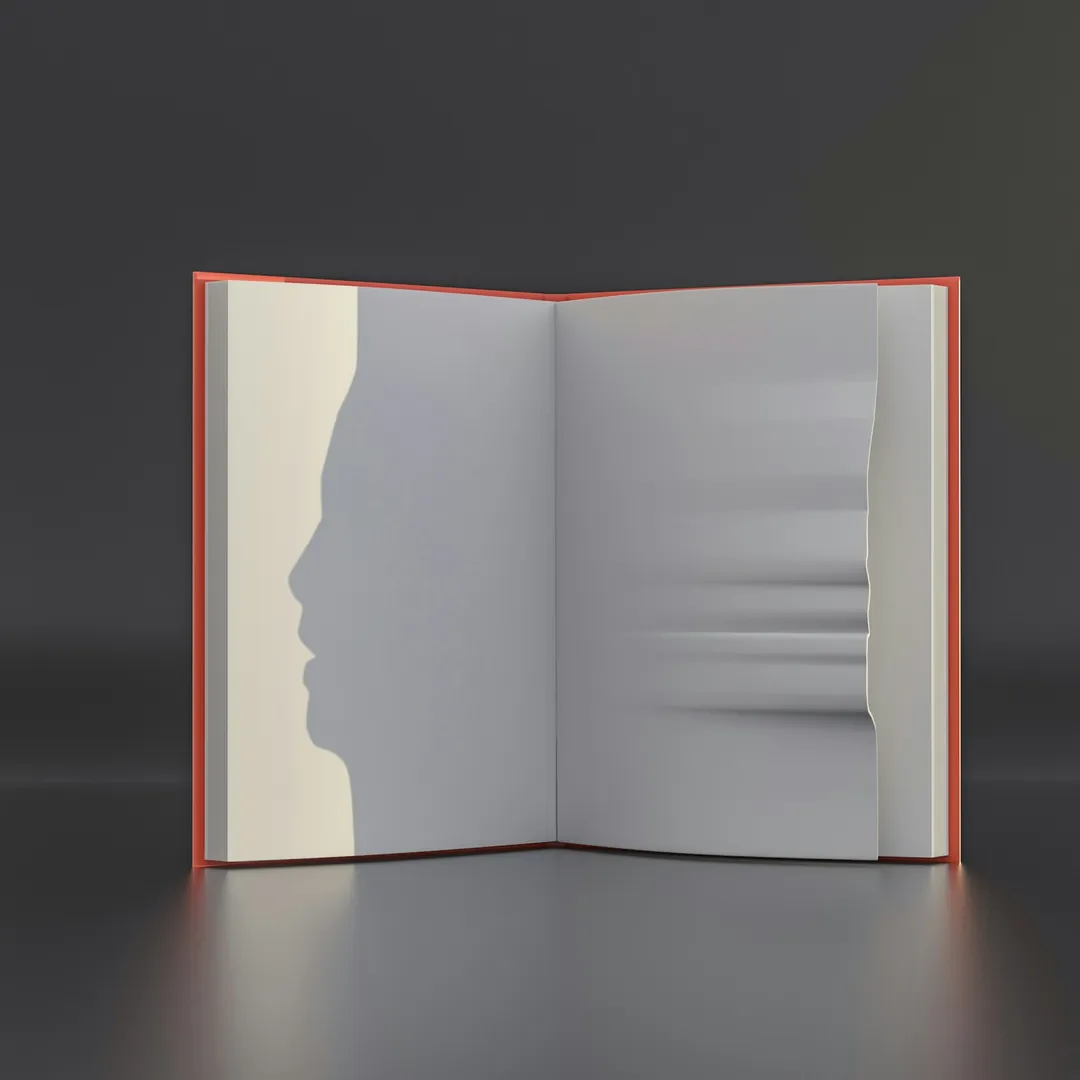 Libro abierto sobre una superficie clara con una sombra marcada que recorre las páginas